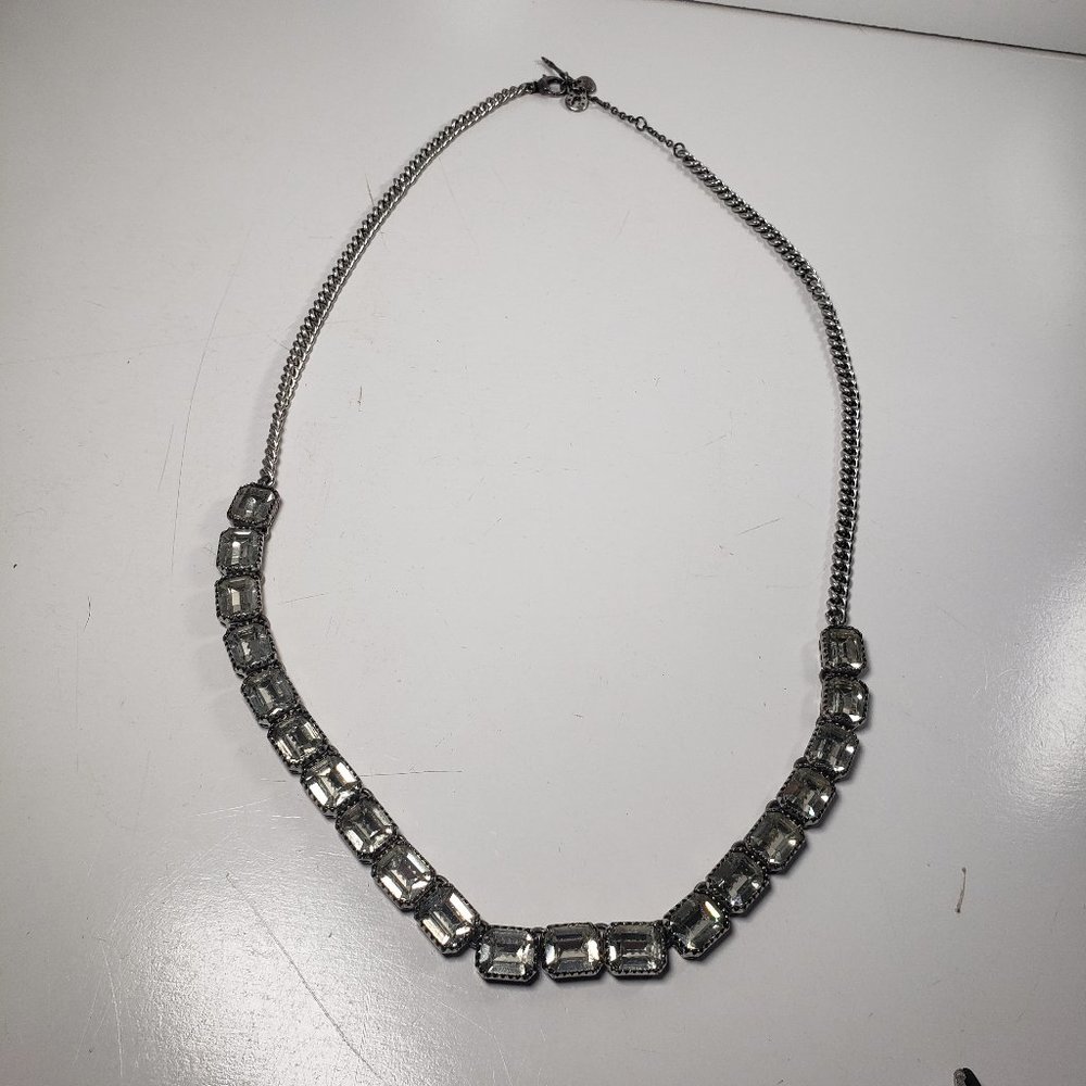 Vintage Fossil Silk Glass Rhinestone Silver Tone 24" Adjustable Necklace Choker